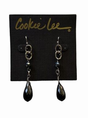 NWT Cookie Lee Black Teardrop Dangle Earrings | Silver Tone | Elegant Statement